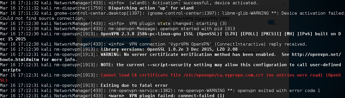 Installing VPN on Kali Linux 2016 - VPN activation of network connection failed 10