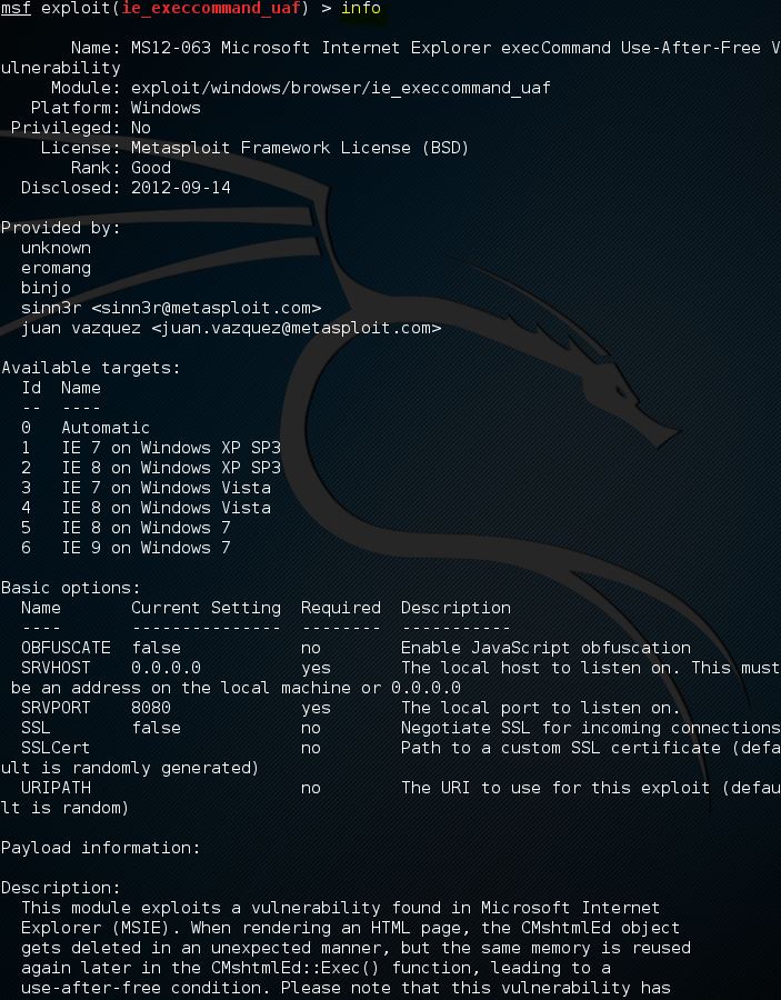 Metasploit info command 4