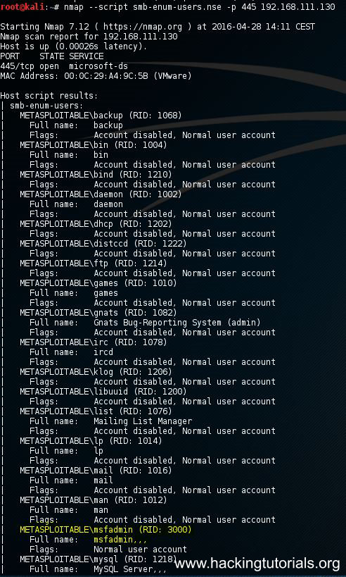 Metasploitable 2 Enumeration - nmap samba user enumeration