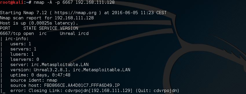 Metasploitable 2 Unreal ircd Nmap scan - 3