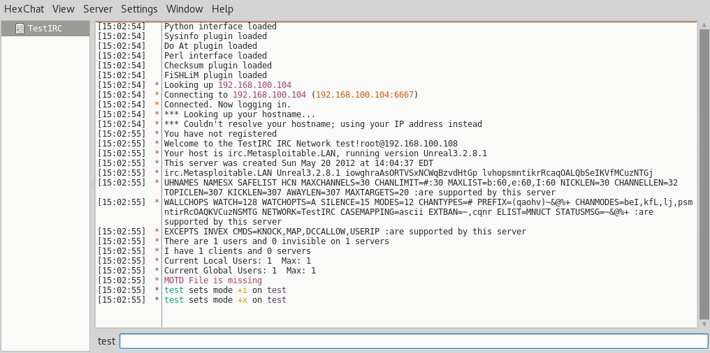 hexchat metasploitable 2 IRC channel