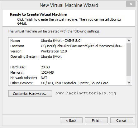 Caine VM Hardware settings