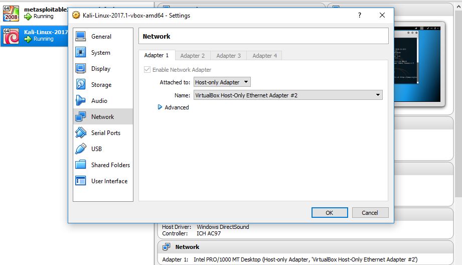 Metasploitable 3 Kali Linux network settings host only
