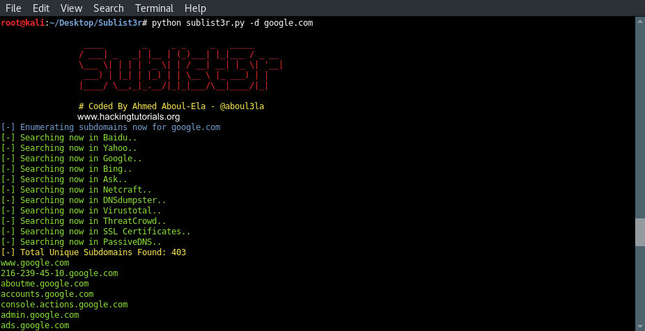 3 Sublist3r Subdomain results