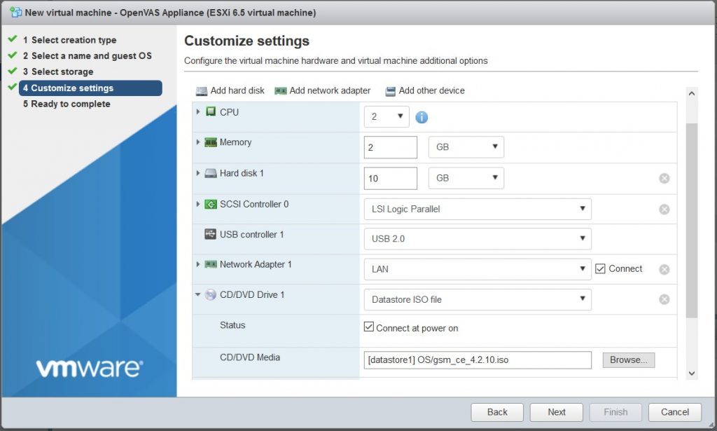 VMware ESXi VM especificaciones